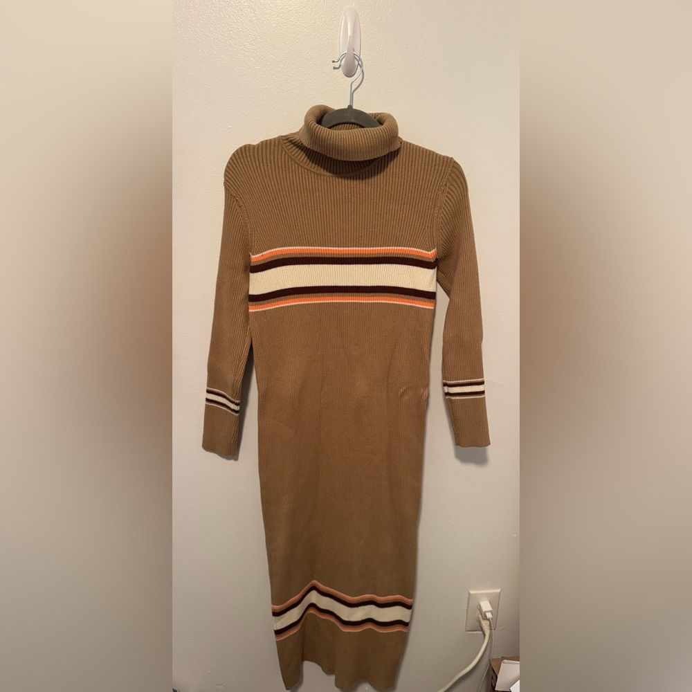Free People Small Petite Ribbed Turtleneck Midi Sweater Dress | Retro Stripe